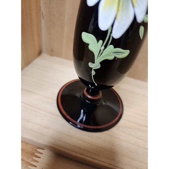 FENTON BLACK AMETHYST HAND PAINTED 10" VASE DAISY STRIPE RUFFLE UNSIGNED - Picture 4 of 7